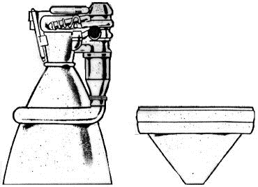 Conventional bell nozzle to the left compared with an aerospike nozzle to the right.